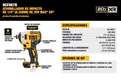 Dewalt Atornillador de Impacto 1/4" 20V XR Brushless DCF887B Baretool