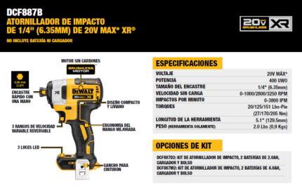 Dewalt Atornillador de Impacto 1/4" 20V XR Brushless DCF887B Baretool